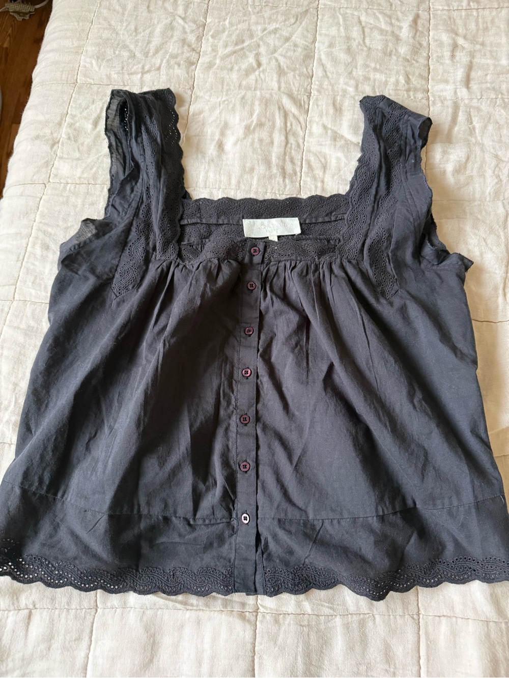 THE GREAT. Black Lace-Trim Button Front Tank